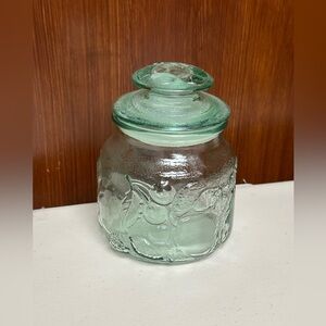 Vintage Libbey Green Glass Orchard Fruit Pattern Embossed cookie jar